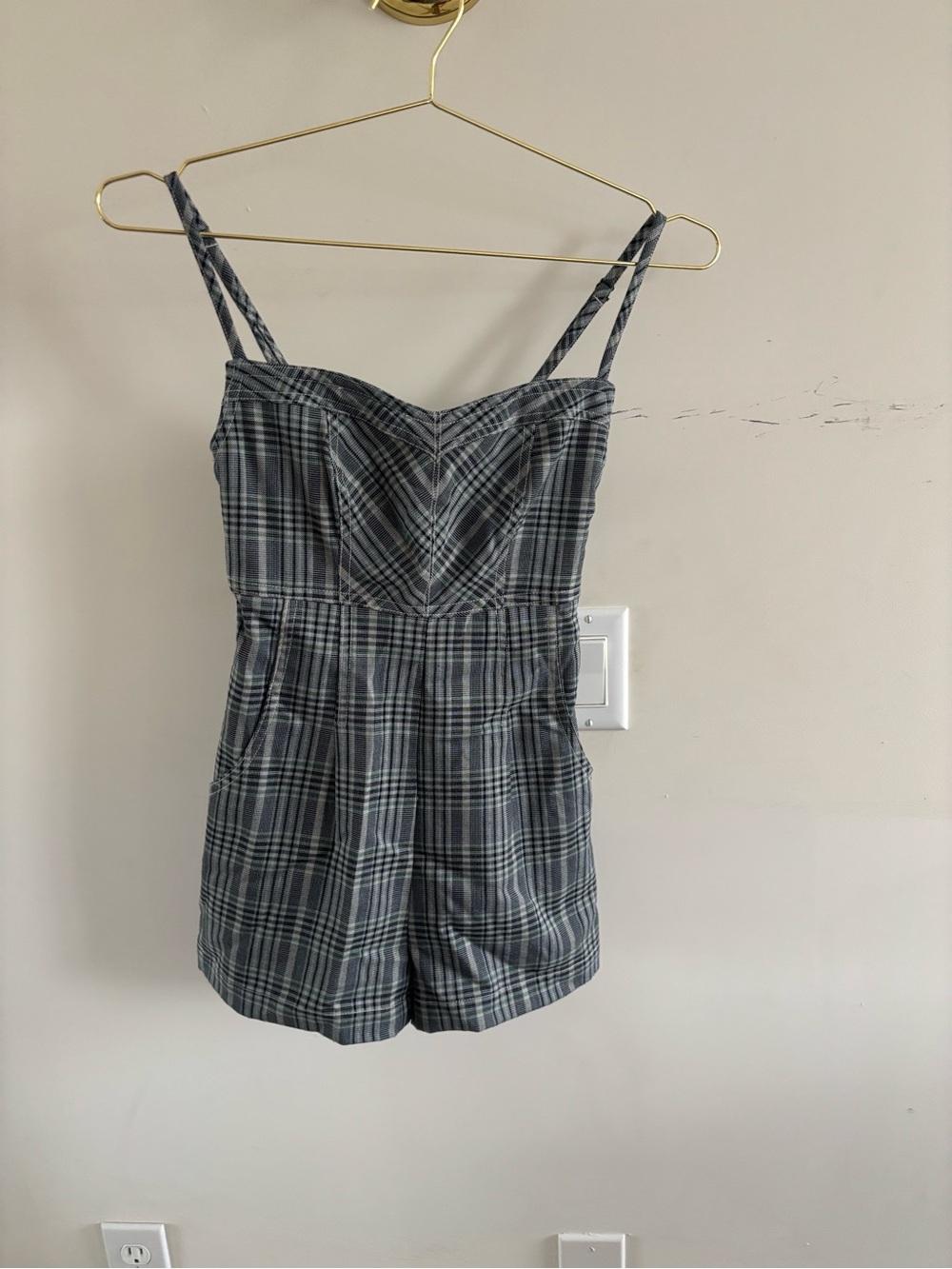 Urban Outfitters XS Plaid Corset Lace Up Romper Gray Green
